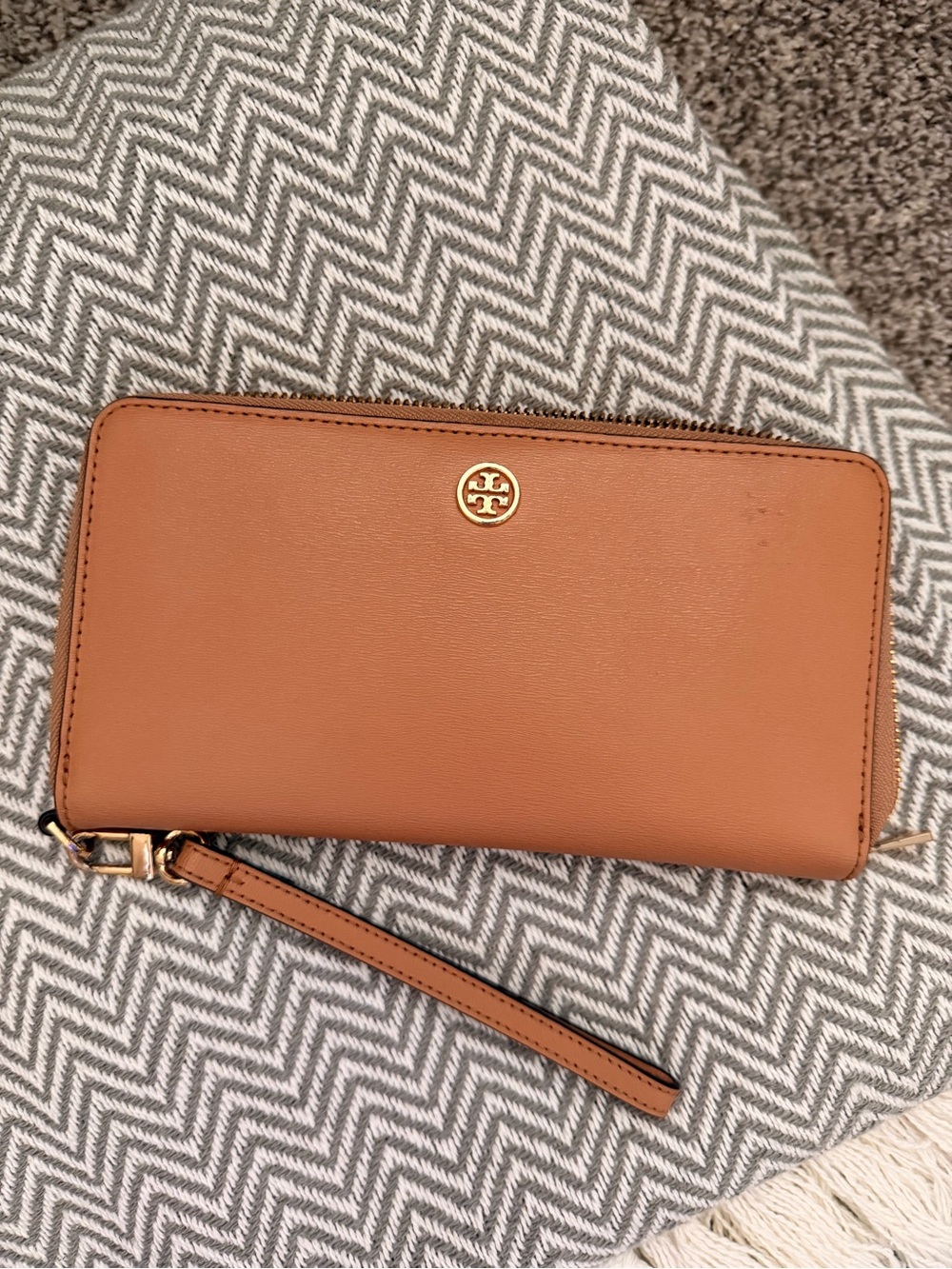 Tory Burch Caramel Leather Zip Wristlet with Gold Logo